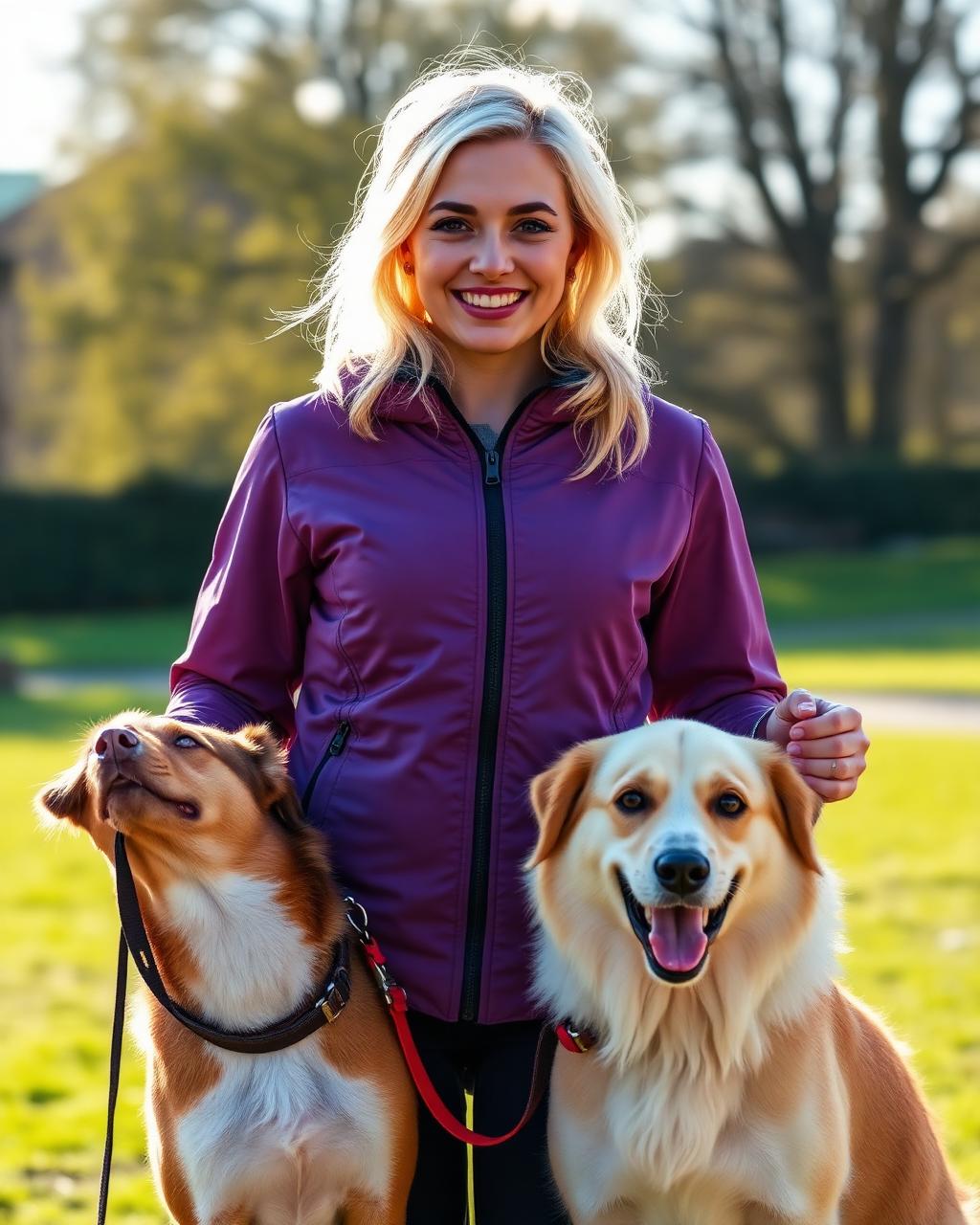 Amelia Webster smiling outdoors with two happy dogs