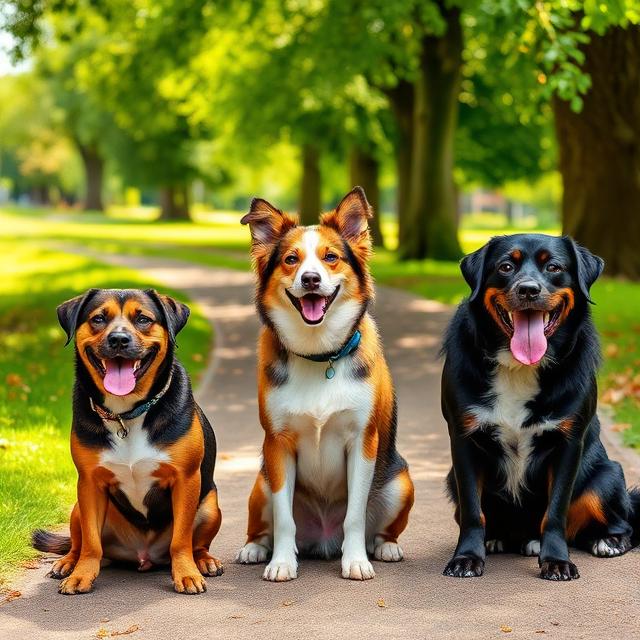 Three happy dogs sitting together on a park path