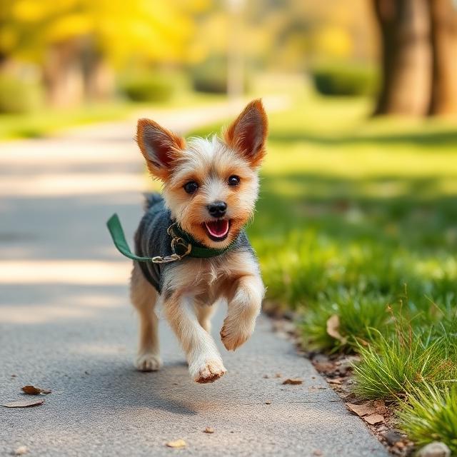 Small terrier puppy running on a lead in the park