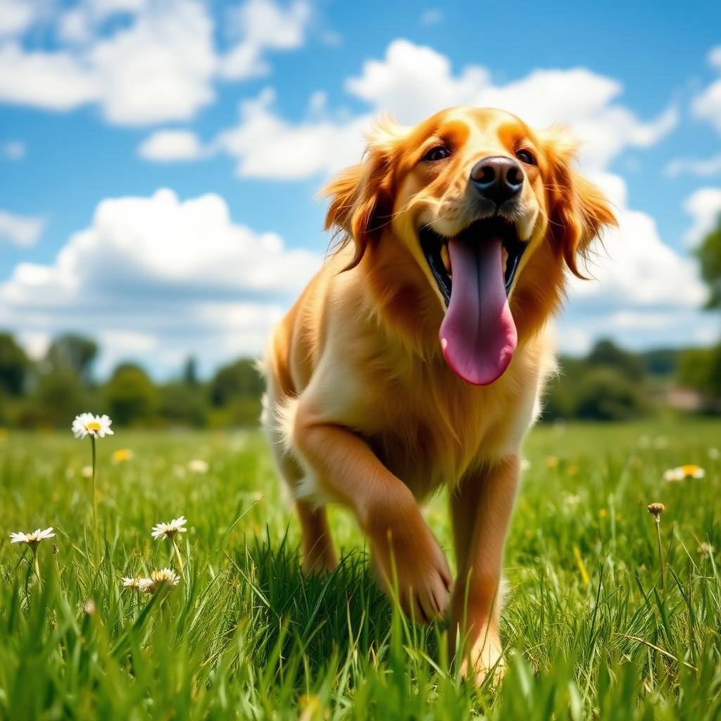 Happy golden dog running through a sunny green meadow